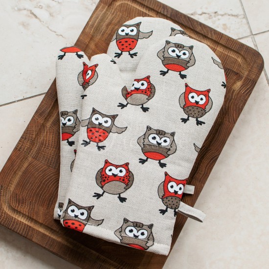 Colourful half-linen oven mitt "Owls orange"